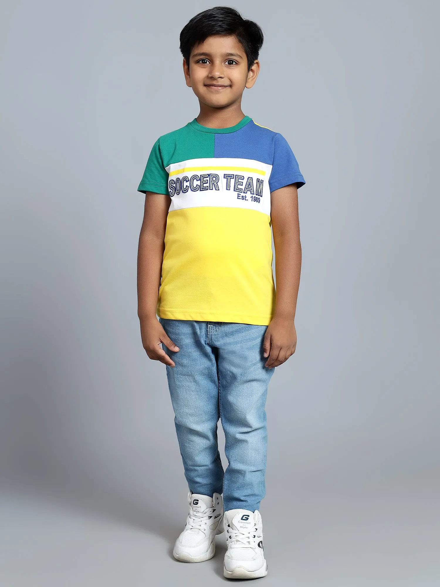 Cantabil Boy's Yellow Color Block Round Neck T-shirt