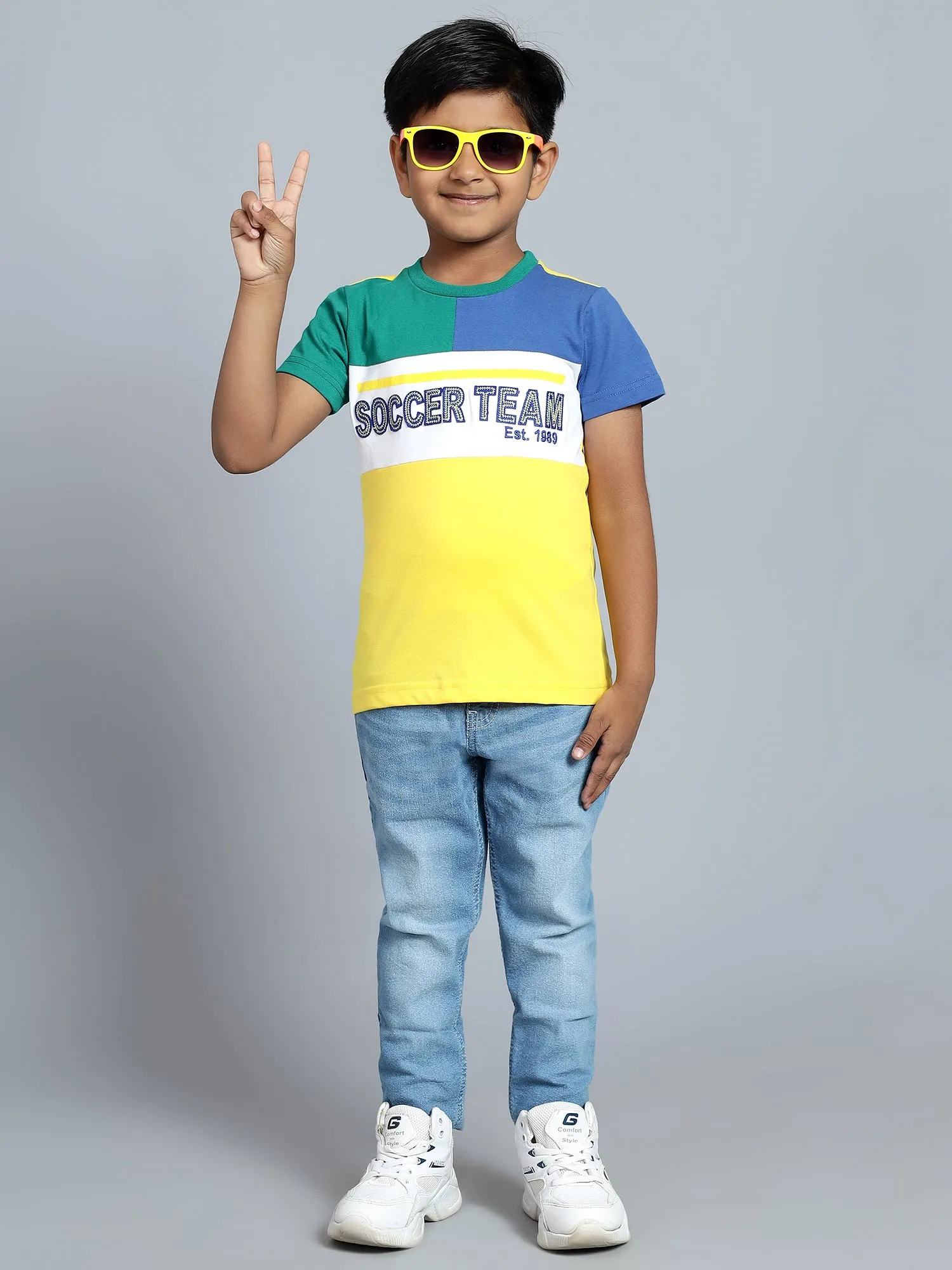 Cantabil Boy's Yellow Color Block Round Neck T-shirt