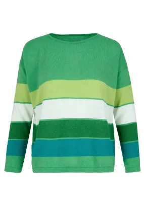 Cashmere Mix Sweater in Green with Solid Multi Stripes