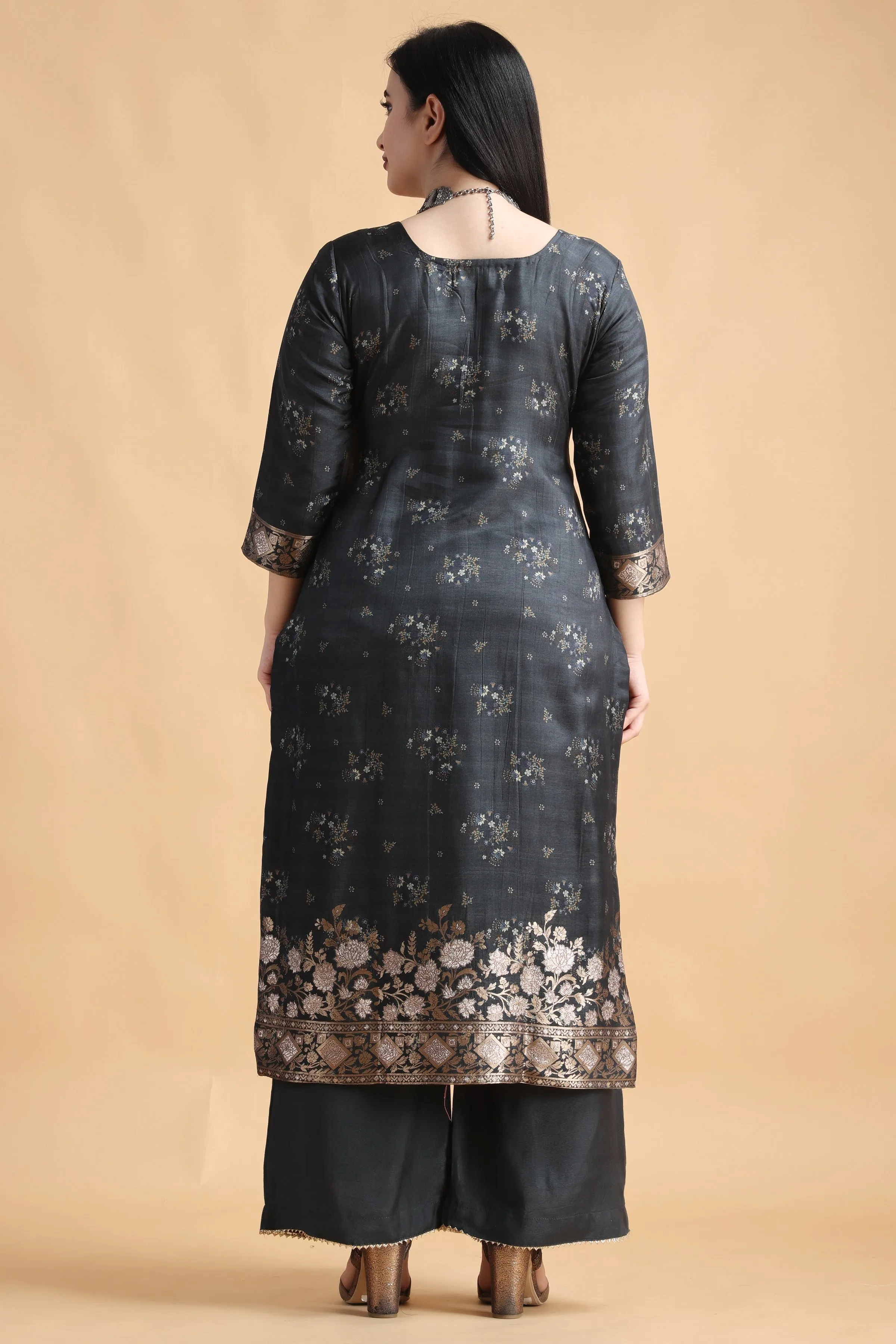 Charcoal Grey Silk Dress Material