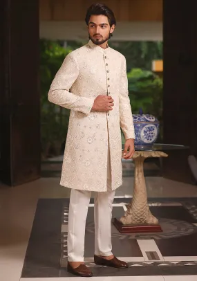 Classic Cream Cotton Net Traditional Embroidered Sherwani