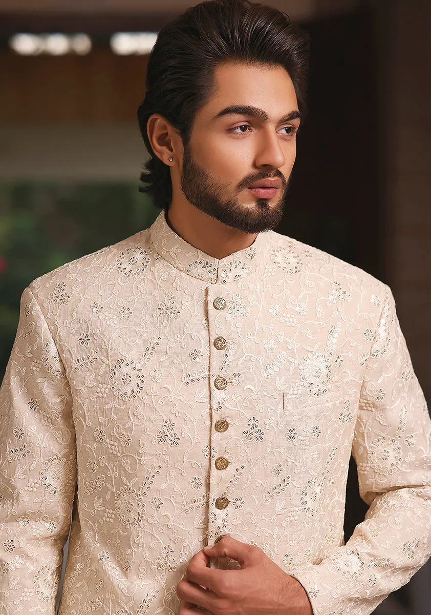 Classic Cream Cotton Net Traditional Embroidered Sherwani