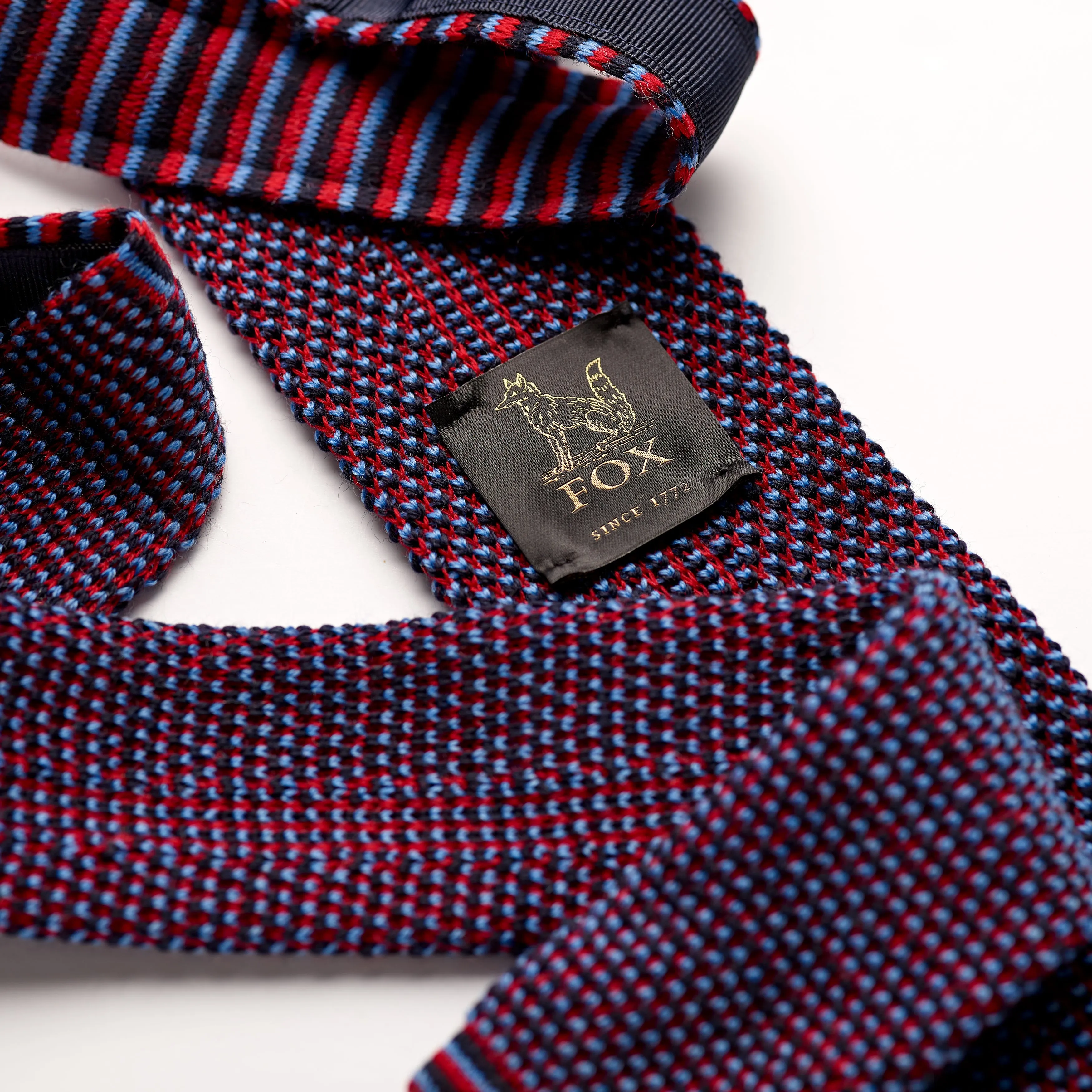 Crimson Red, Sky Blue and Black Spot Wool Knitted Tie