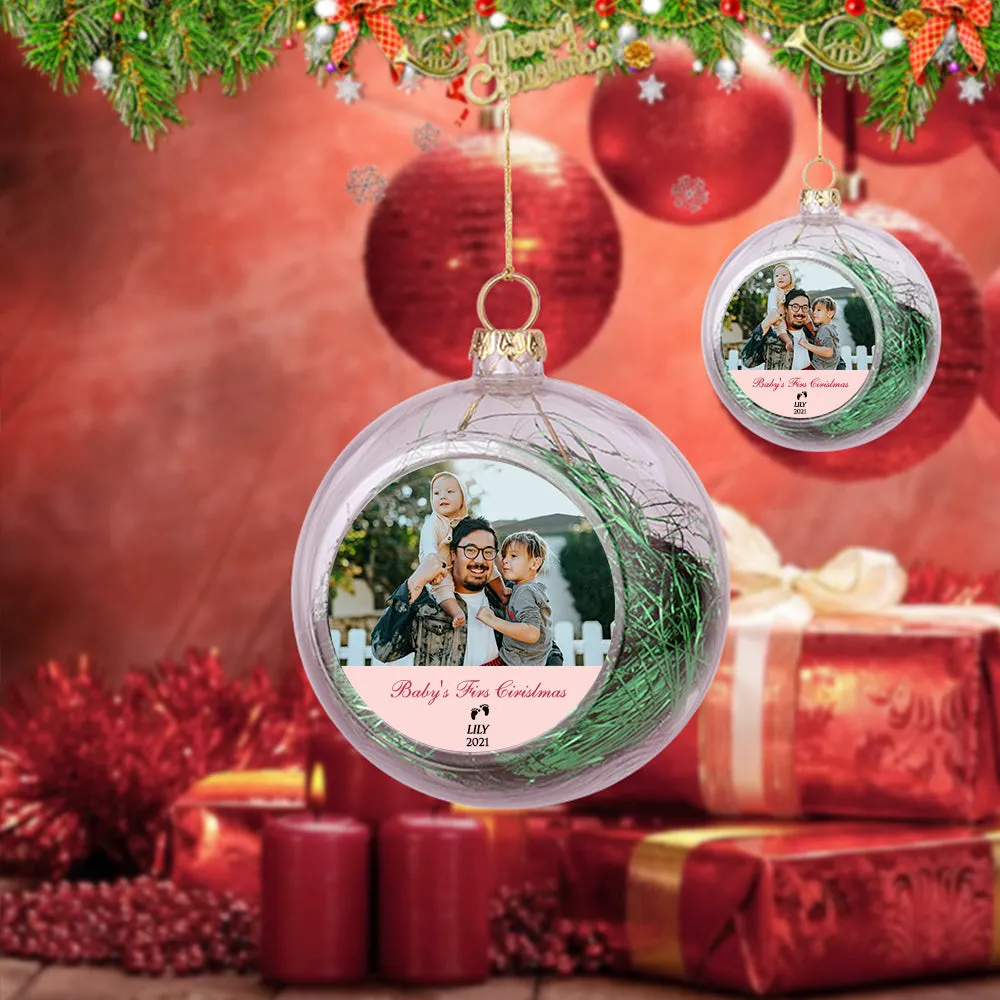 Custom Photo Christmas Ornament Clear With Tinsel Baby's First Christmas