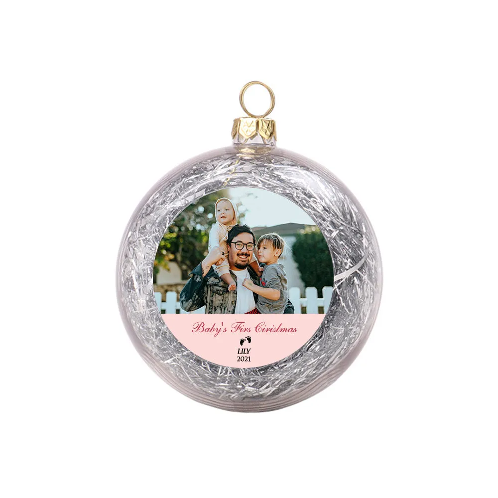 Custom Photo Christmas Ornament Clear With Tinsel Baby's First Christmas