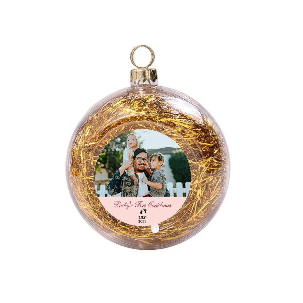 Custom Photo Christmas Ornament Clear With Tinsel Baby's First Christmas