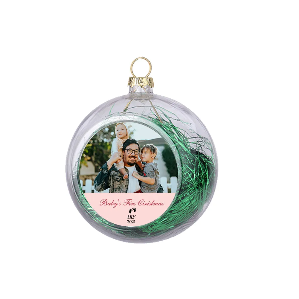 Custom Photo Christmas Ornament Clear With Tinsel Baby's First Christmas