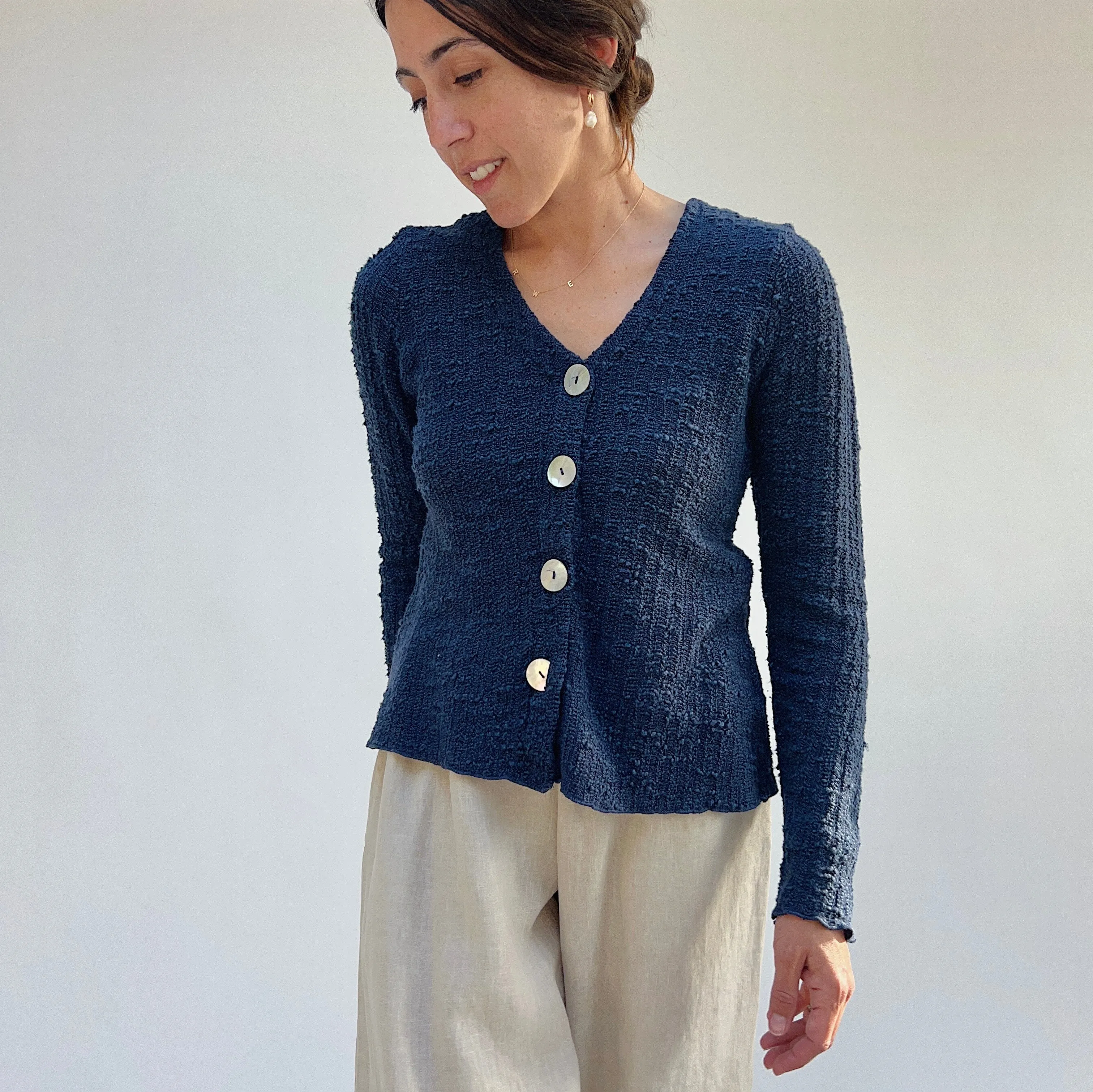 Cut Loose | Puff Sleeved Cropped Textured Knit Cardigan in Nightsky