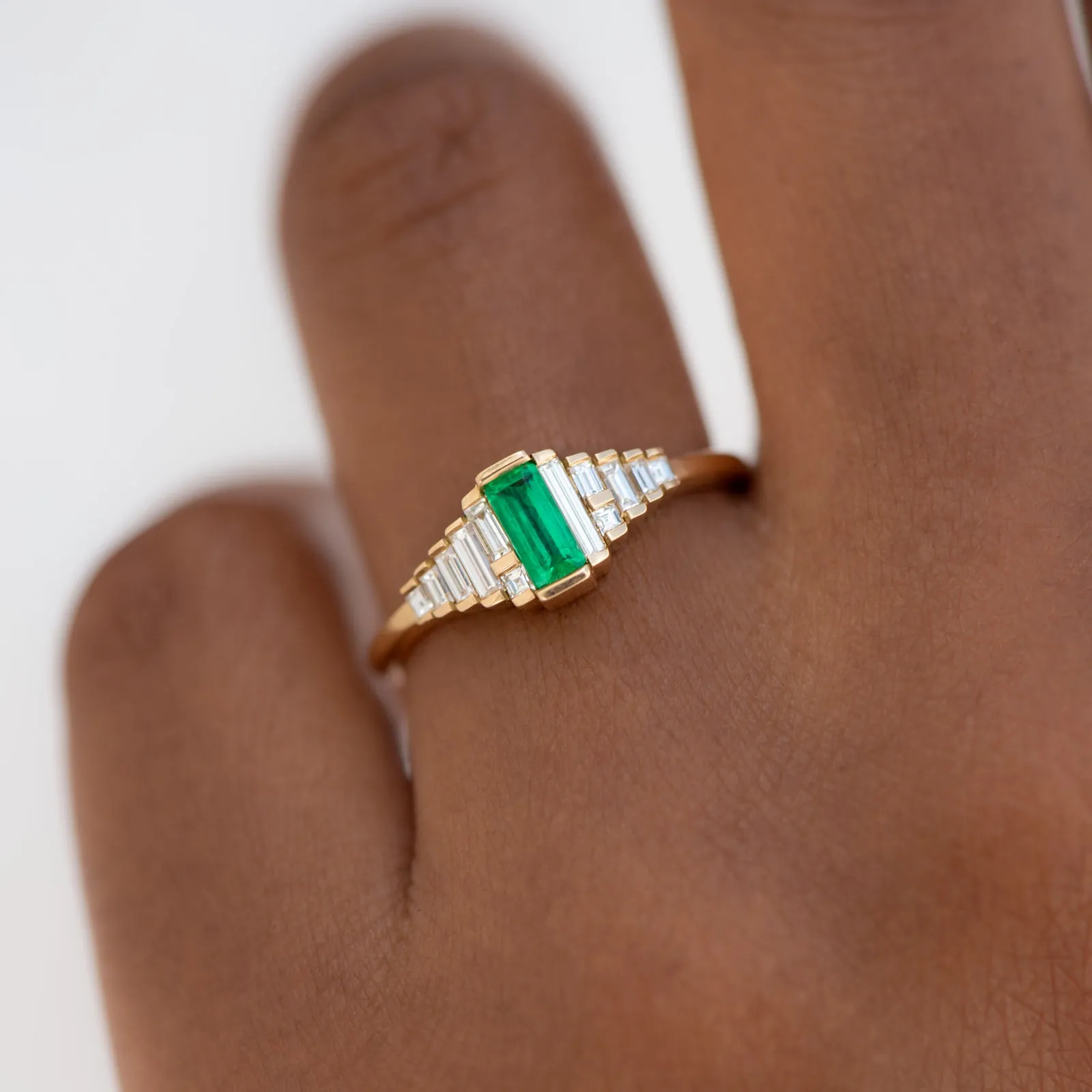 Dainty Emerald Engagement Ring with Needle Baguette Diamonds