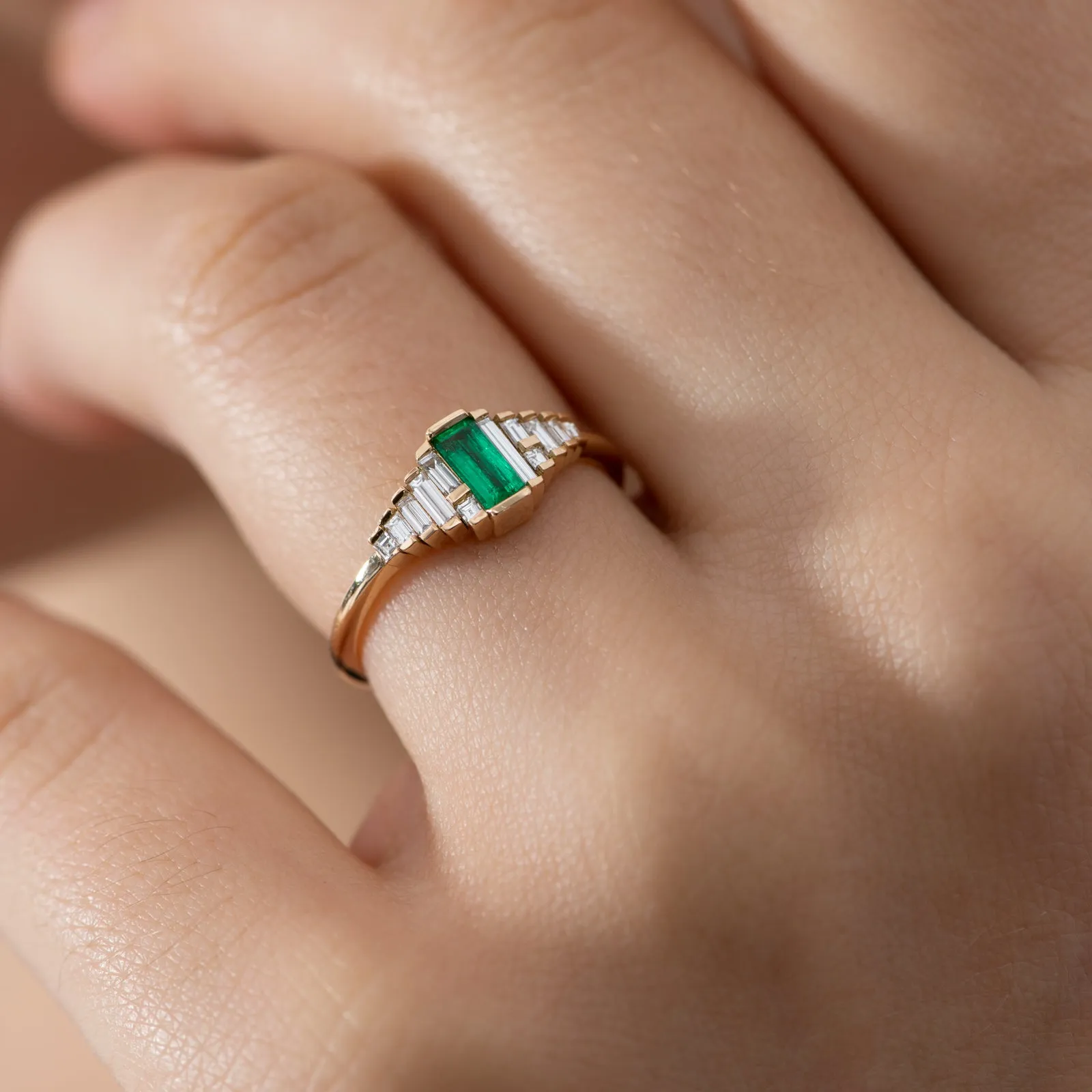 Dainty Emerald Engagement Ring with Needle Baguette Diamonds