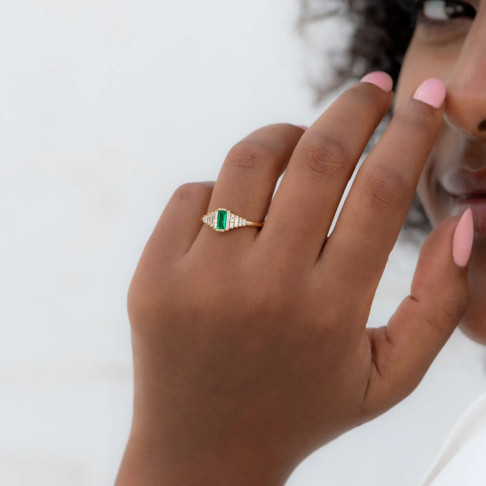 Dainty Emerald Engagement Ring with Needle Baguette Diamonds