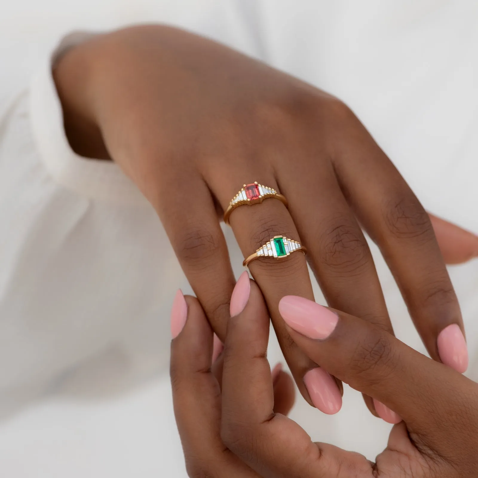 Dainty Emerald Engagement Ring with Needle Baguette Diamonds