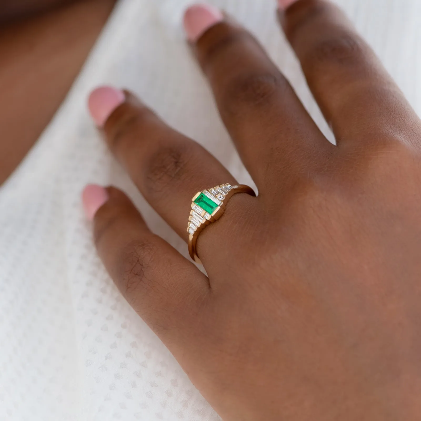 Dainty Emerald Engagement Ring with Needle Baguette Diamonds