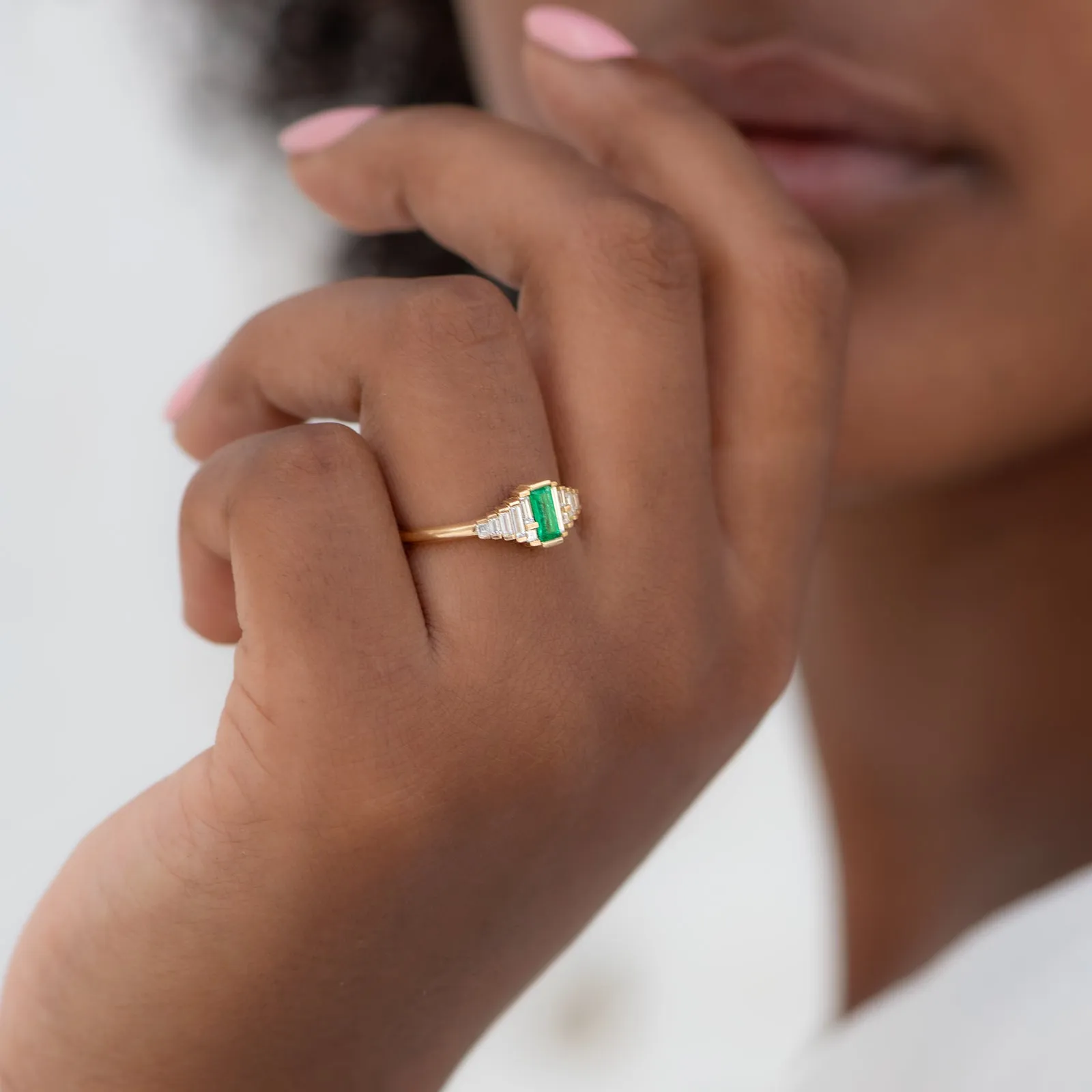 Dainty Emerald Engagement Ring with Needle Baguette Diamonds