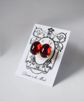 Dark Red Crystal Mirror Earrings - Large Oval