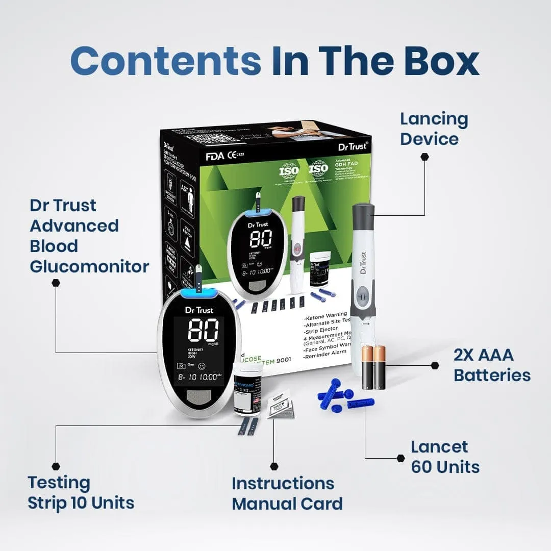 Dr Trust USA Gold Standard Glucosure Glucometer Blood Sugar Testing Meter 9001 with Lancing Device, 60 Strips & Lancets, Simple & Accurate Home Diabetes Testing Machine (Strip Expiry April 2024)