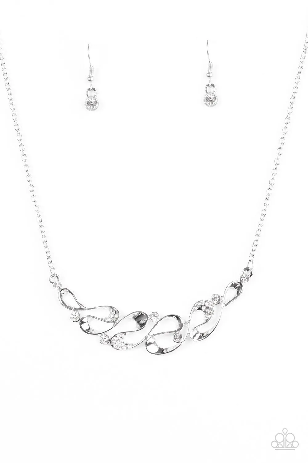 Easy Money White Rhinestone and Silver Ribbon Necklace - Paparazzi Accessories