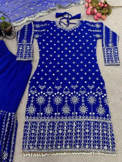 Electric Blue Georgette Embroidered Sharara Suit Set