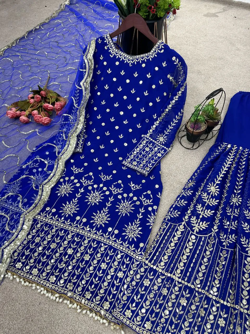 Electric Blue Georgette Embroidered Sharara Suit Set