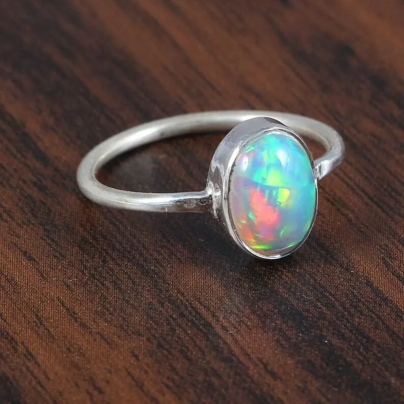 Ethiopian Opal Solid 925 Sterling Silver Solitaire Ring,Handmade Jewelry,Beautiful Ethiopian Welo Opal,Gift for Her