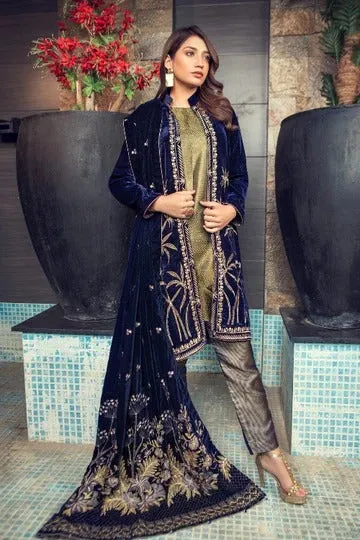 FCC BT-11 Blue Embroidered Velvet Three piece Winter Collection