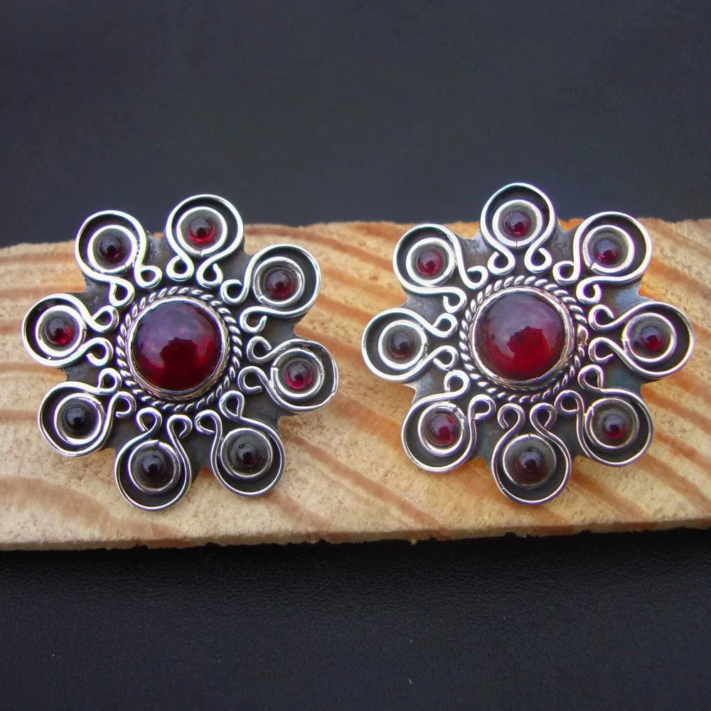 Fire Garnet 925 Sterling Silver Earrings, Handmade Earring, Stud Earring, Vintage Style Earring, Earrings For Gift, Indian Festive Earring