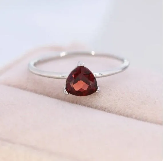 Genuine Garnet Ring in Sterling Silver, Natural Trillion Cut Red Garnet Ring, Stacking Rings