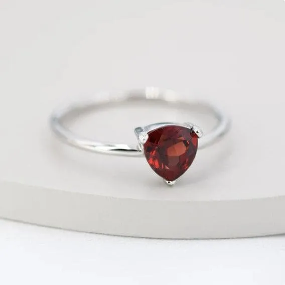 Genuine Garnet Ring in Sterling Silver, Natural Trillion Cut Red Garnet Ring, Stacking Rings