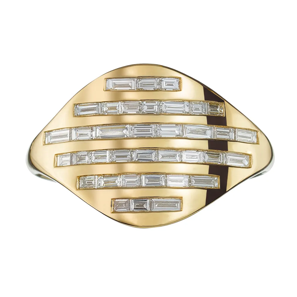 Golden Radio Ring with Baguette Diamond Pave