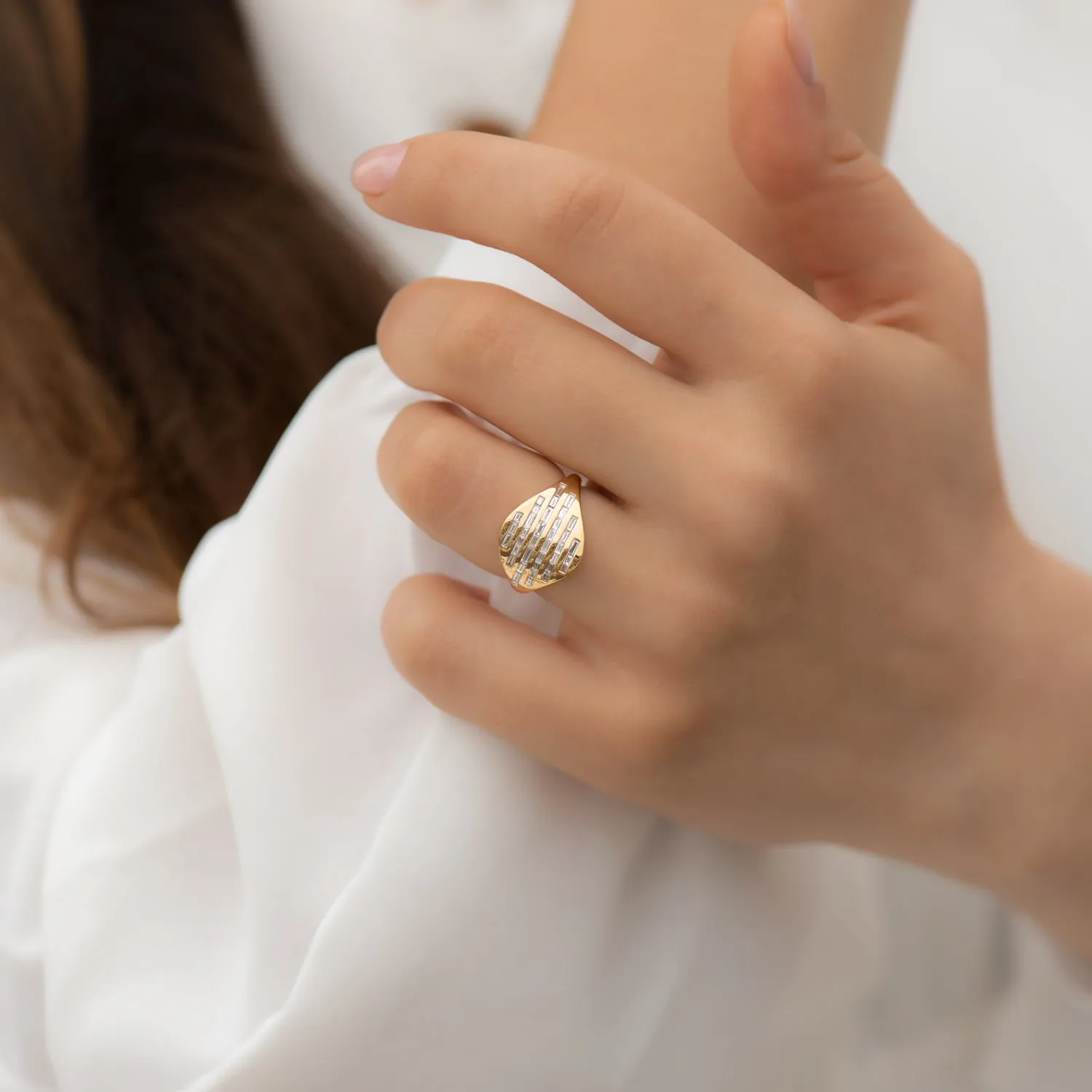 Golden Radio Ring with Baguette Diamond Pave