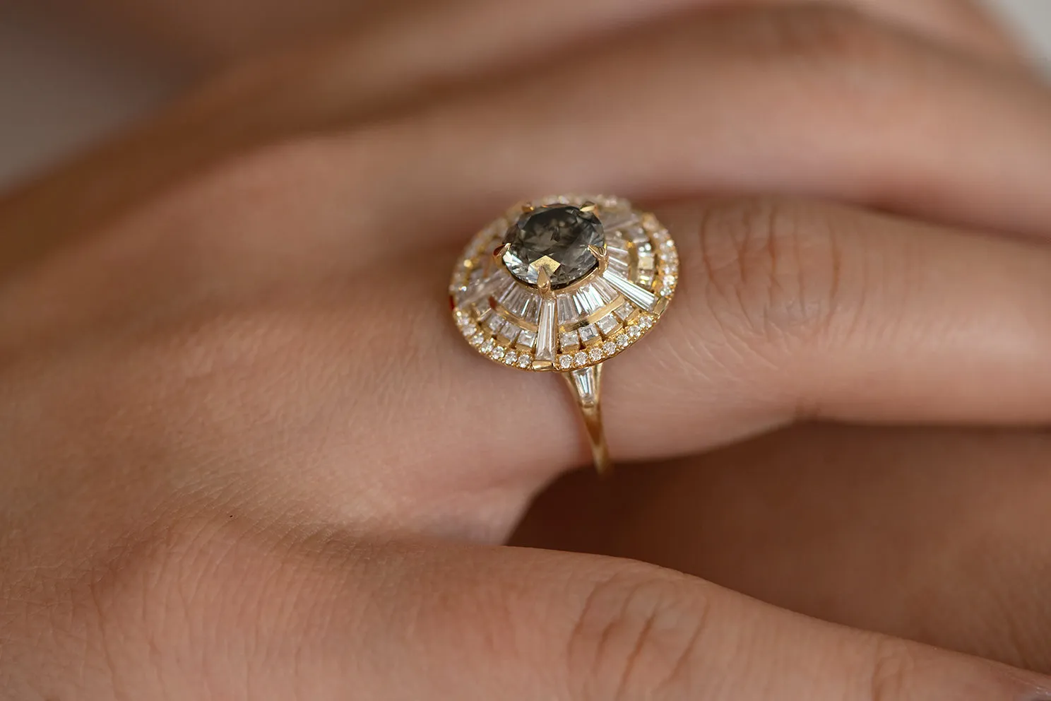 Grey Diamond Temple Ring with Long Tapered Baguette Diamonds