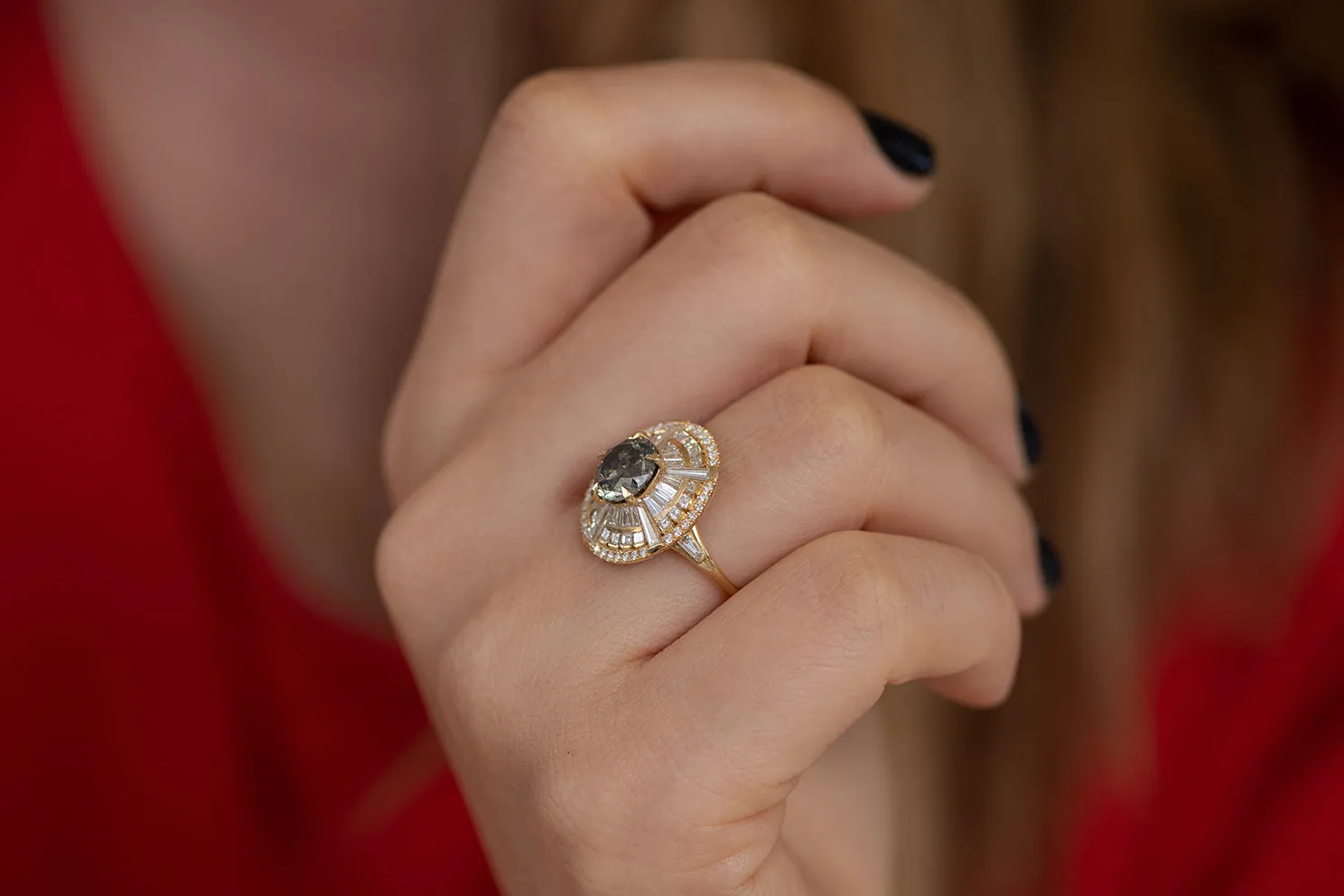 Grey Diamond Temple Ring with Long Tapered Baguette Diamonds