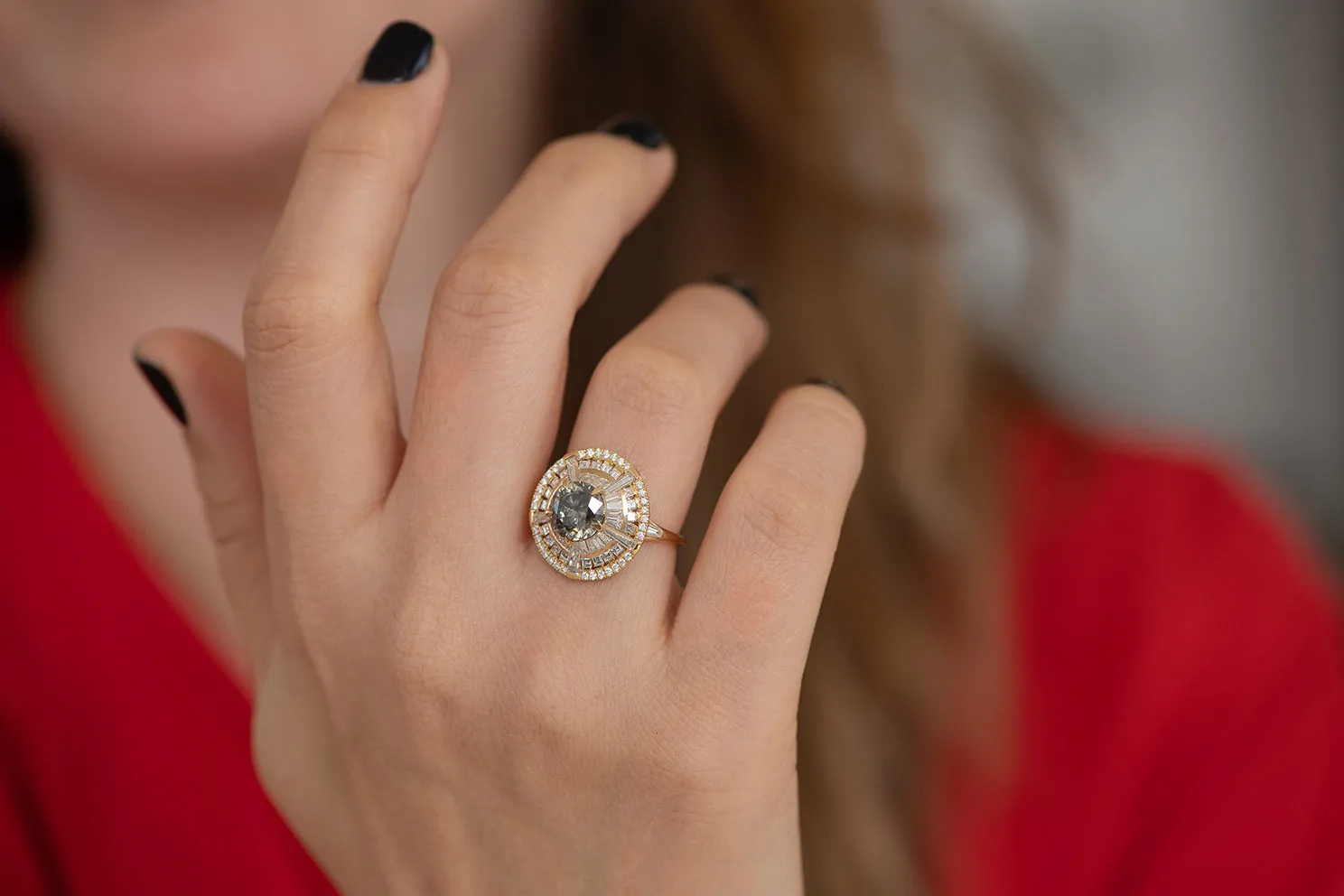 Grey Diamond Temple Ring with Long Tapered Baguette Diamonds