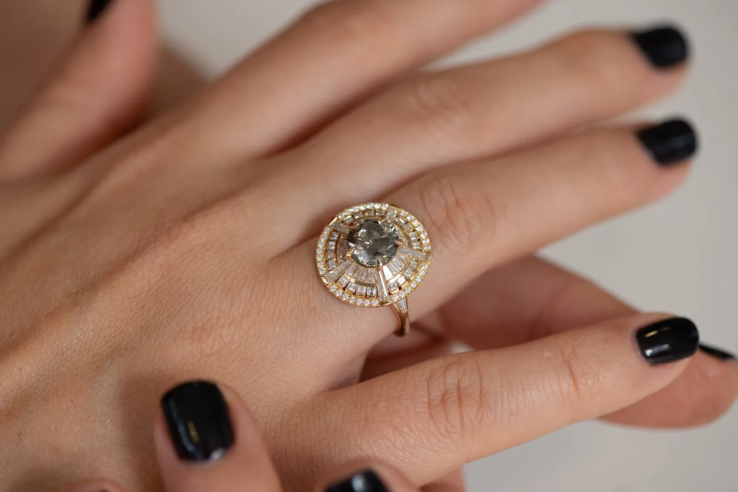 Grey Diamond Temple Ring with Long Tapered Baguette Diamonds