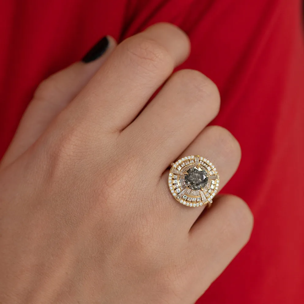 Grey Diamond Temple Ring with Long Tapered Baguette Diamonds