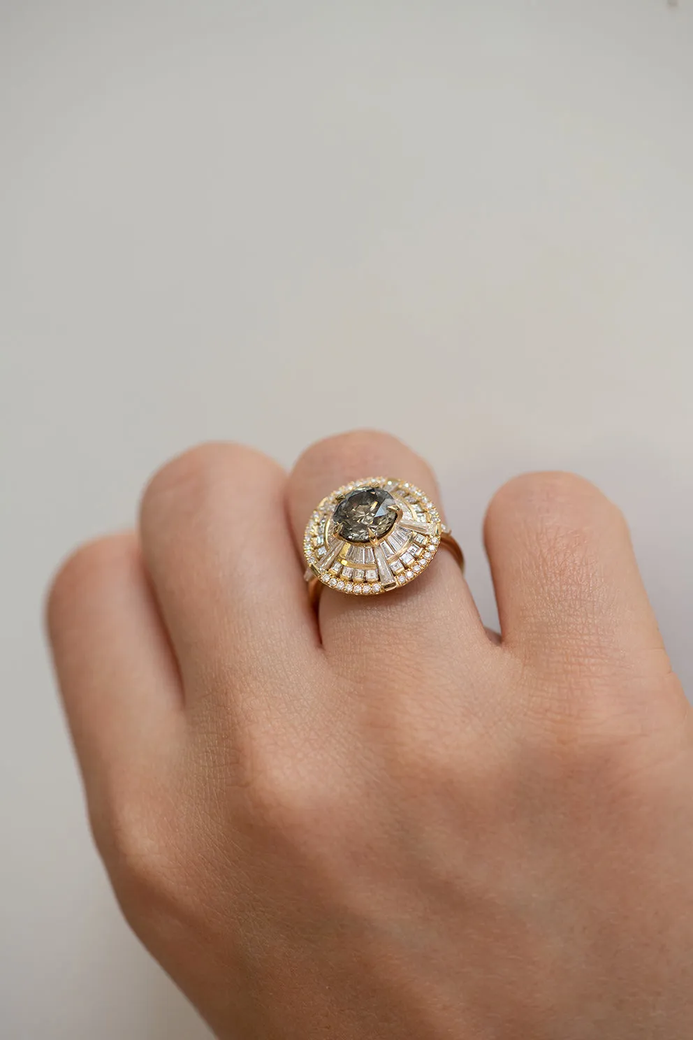 Grey Diamond Temple Ring with Long Tapered Baguette Diamonds