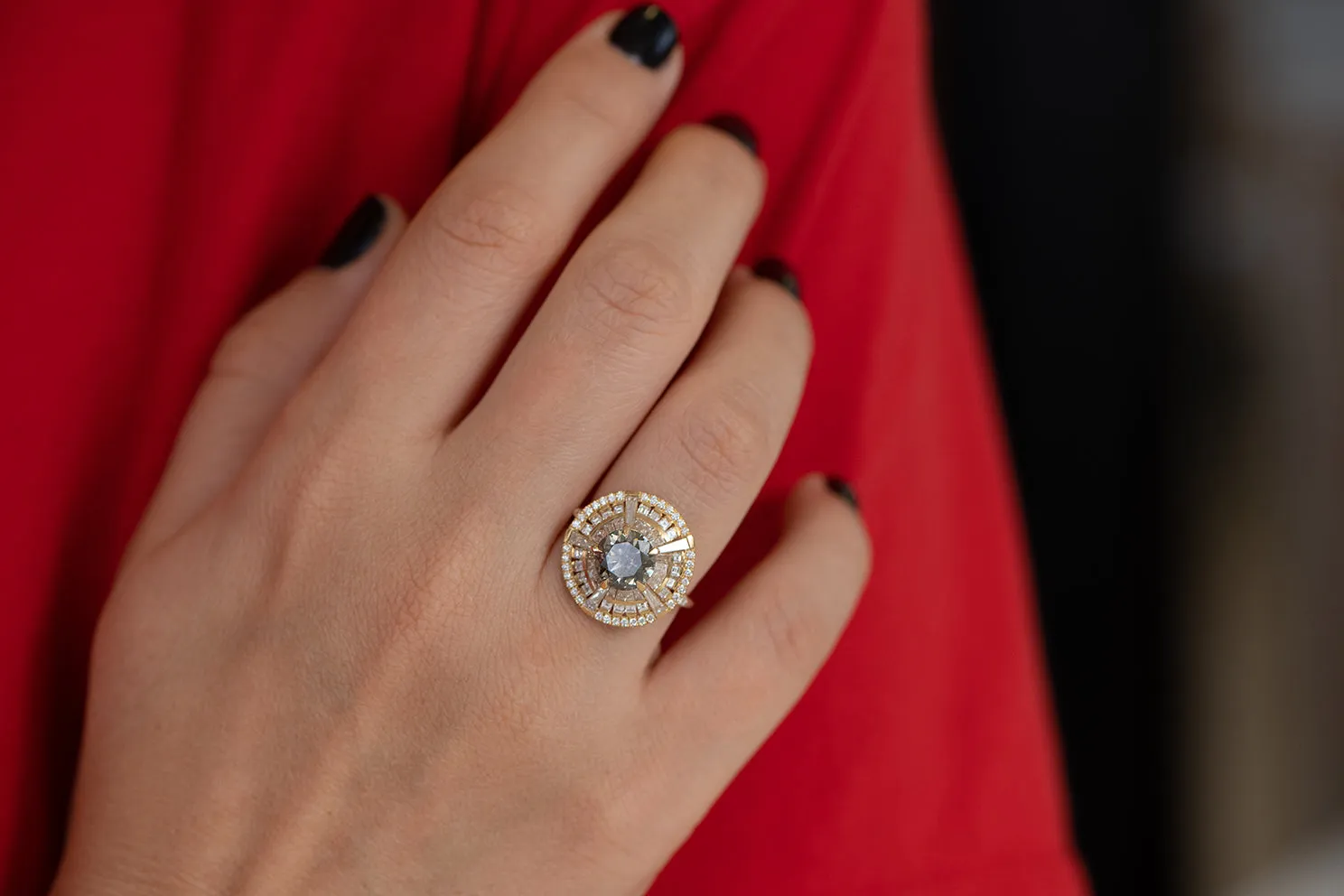 Grey Diamond Temple Ring with Long Tapered Baguette Diamonds