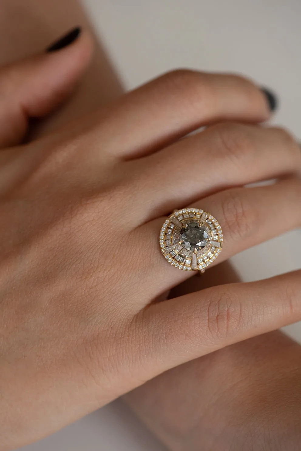 Grey Diamond Temple Ring with Long Tapered Baguette Diamonds