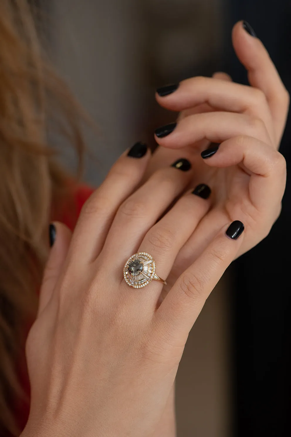 Grey Diamond Temple Ring with Long Tapered Baguette Diamonds