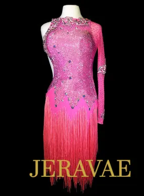 Hot Pink Latin Dress with Fringe and Swarovski Stones Size Medium LAT078