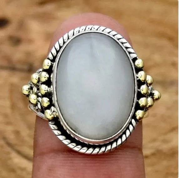 Indian Moonstone Ring Cabochon Rainbow Two Tone 925 Sterling Silver Ring Three Band Oval Gemstone, Handmade Jewelry, Gift for Her