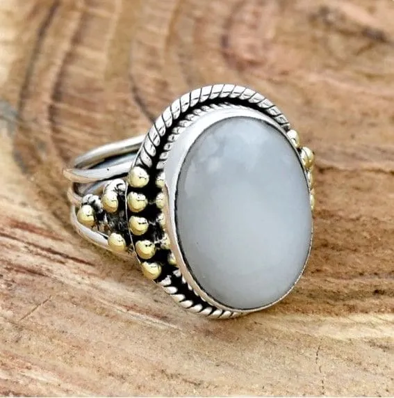 Indian Moonstone Ring Cabochon Rainbow Two Tone 925 Sterling Silver Ring Three Band Oval Gemstone, Handmade Jewelry, Gift for Her