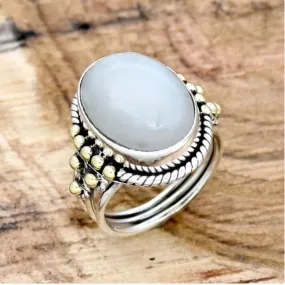 Indian Moonstone Ring Cabochon Rainbow Two Tone 925 Sterling Silver Ring Three Band Oval Gemstone, Handmade Jewelry, Gift for Her