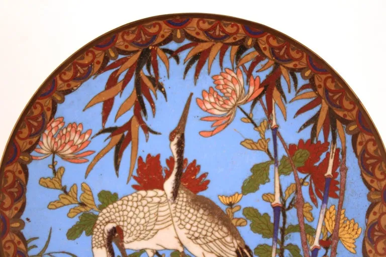 Japanese Meiji Cloisonne Enamel Plate with Cranes and Chrysanthemum Pattern