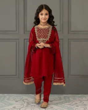 Kids Red Georgette Embroidered Salwar Suit Set