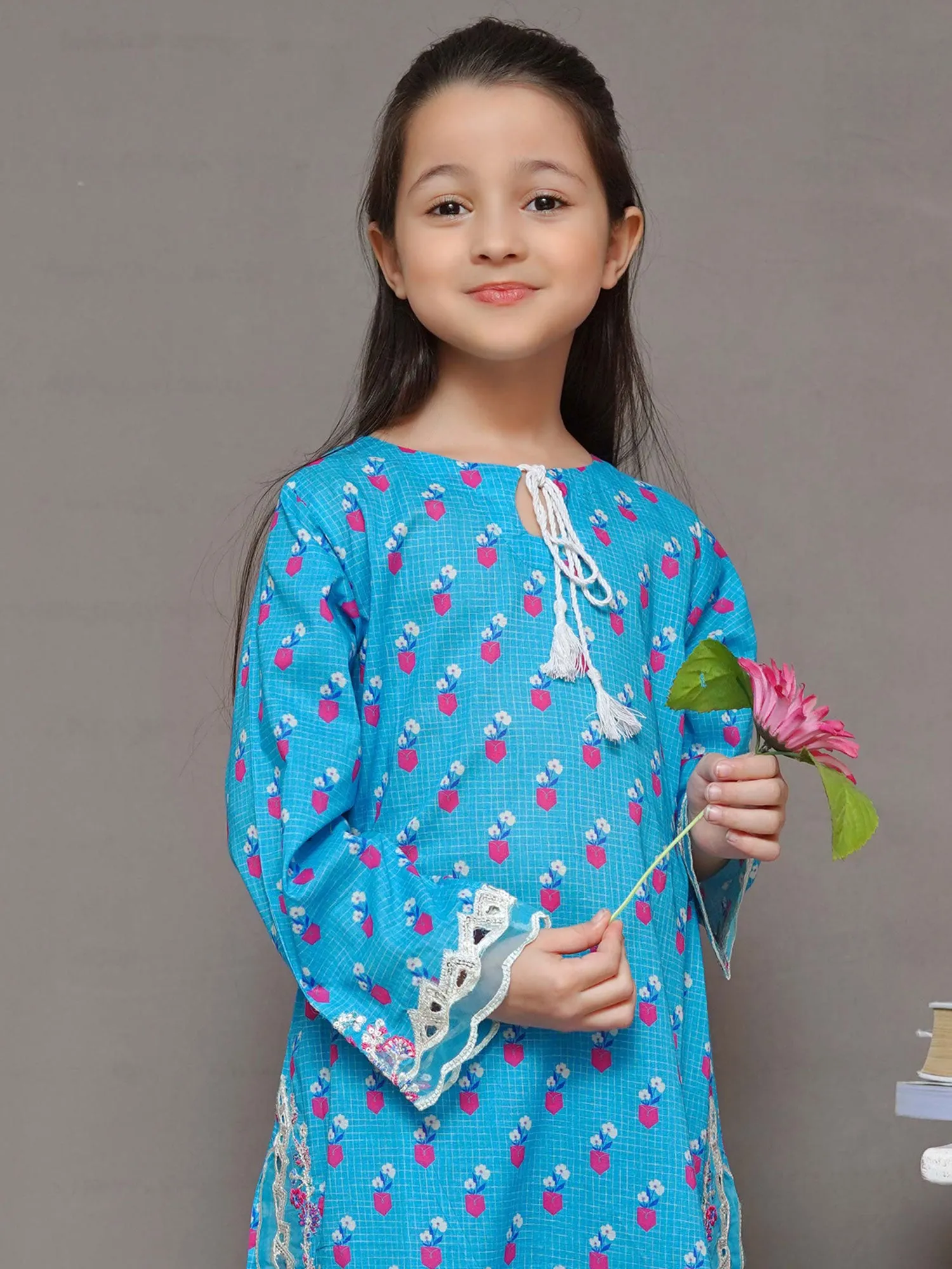 Kids Turquoise Embroidered Lawn 2-Piece Suit