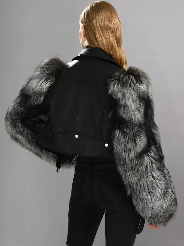 Leather Biker Jacket With Fluffy Fur Sleeves