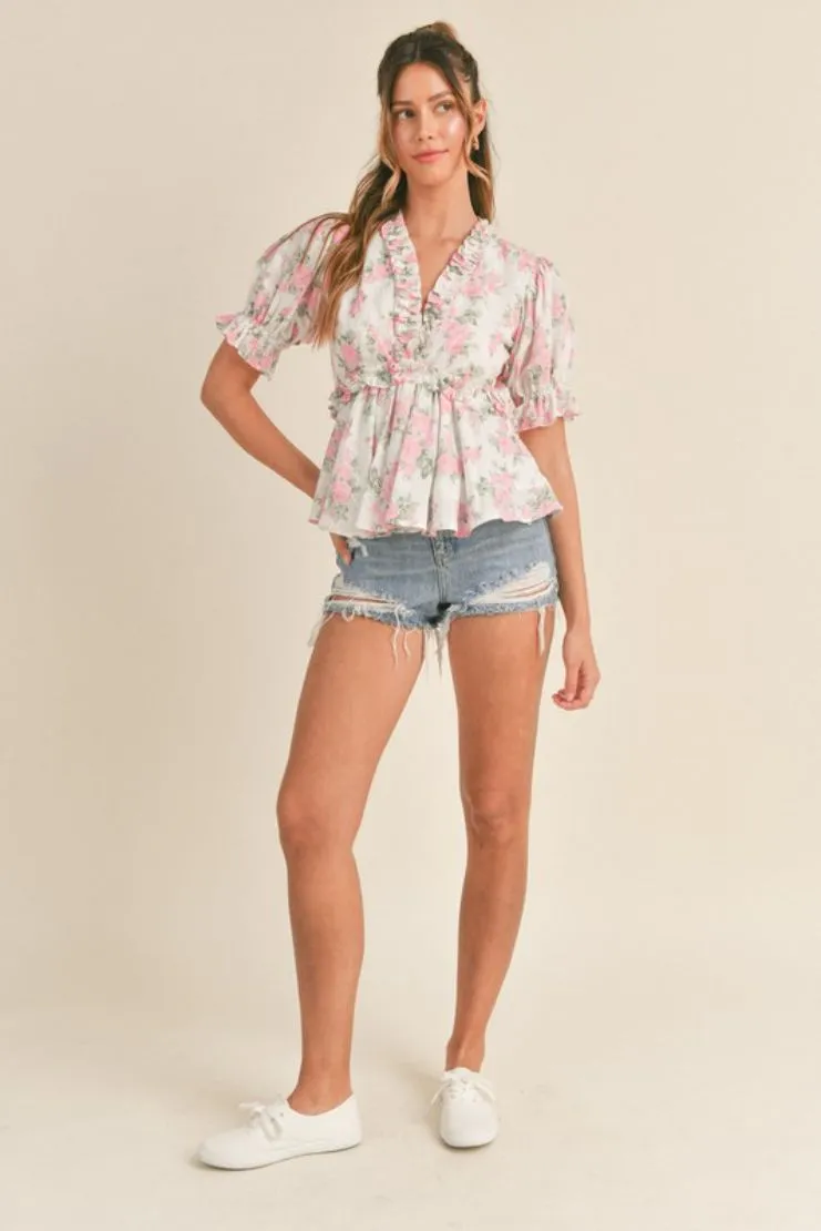 Lilibet Floral Print Puff Sleeve Ruffle Top