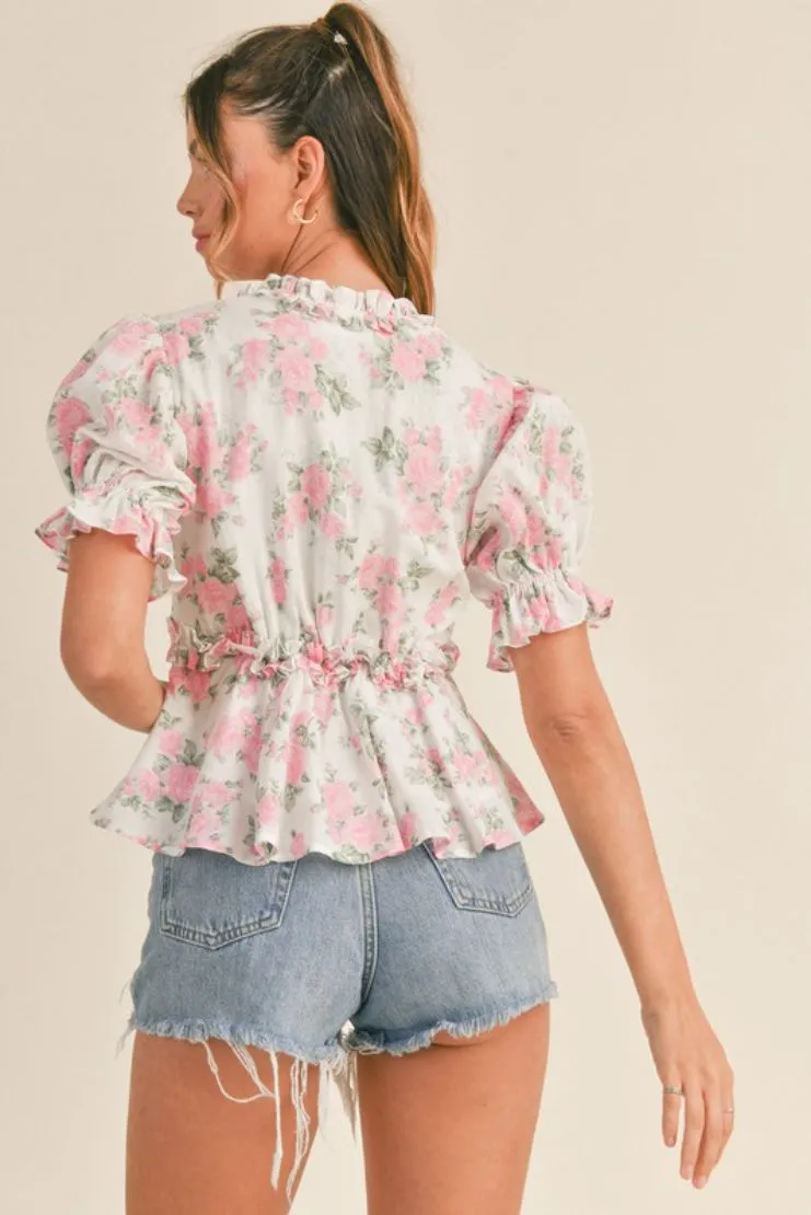 Lilibet Floral Print Puff Sleeve Ruffle Top