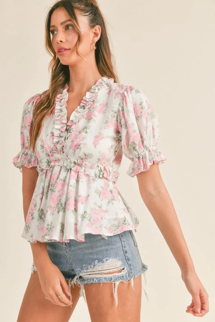 Lilibet Floral Print Puff Sleeve Ruffle Top